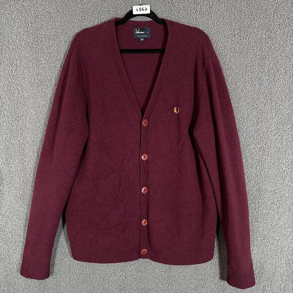 Fred Perry 100% Lambswool Cardigan Sweater - Men's Size XL - Red - Picture 1 of 8